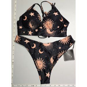 NWT ZAFUL Small Tankini High cut Black Sun Moon print bikini set